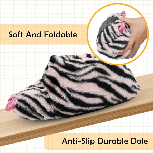 Women Plush Animal Paw Slippers Faux Fur Cozy Memory Foam Non-Slip Gift - Picture 2 of 5